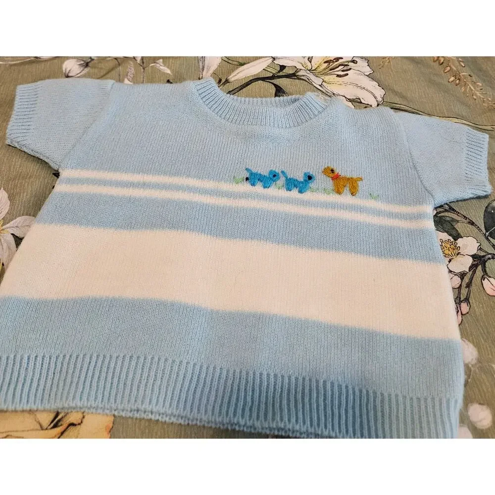 Vintage 70s Novelty Knit Japan Blue Striped Embroidered Puppy Baby Sweater 0-3M